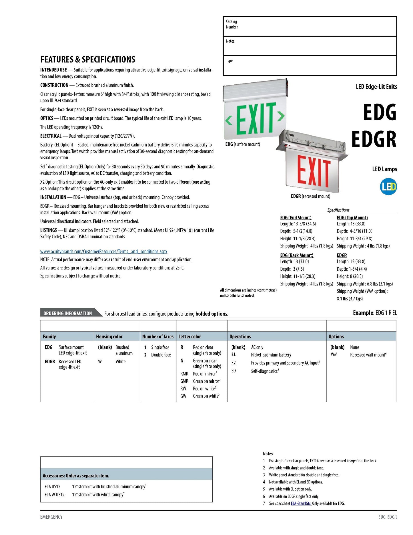 Lithonia Lighting EDG 1 G EL M6 Aluminum LED Emergency Exit Sign, 3 watts, Green