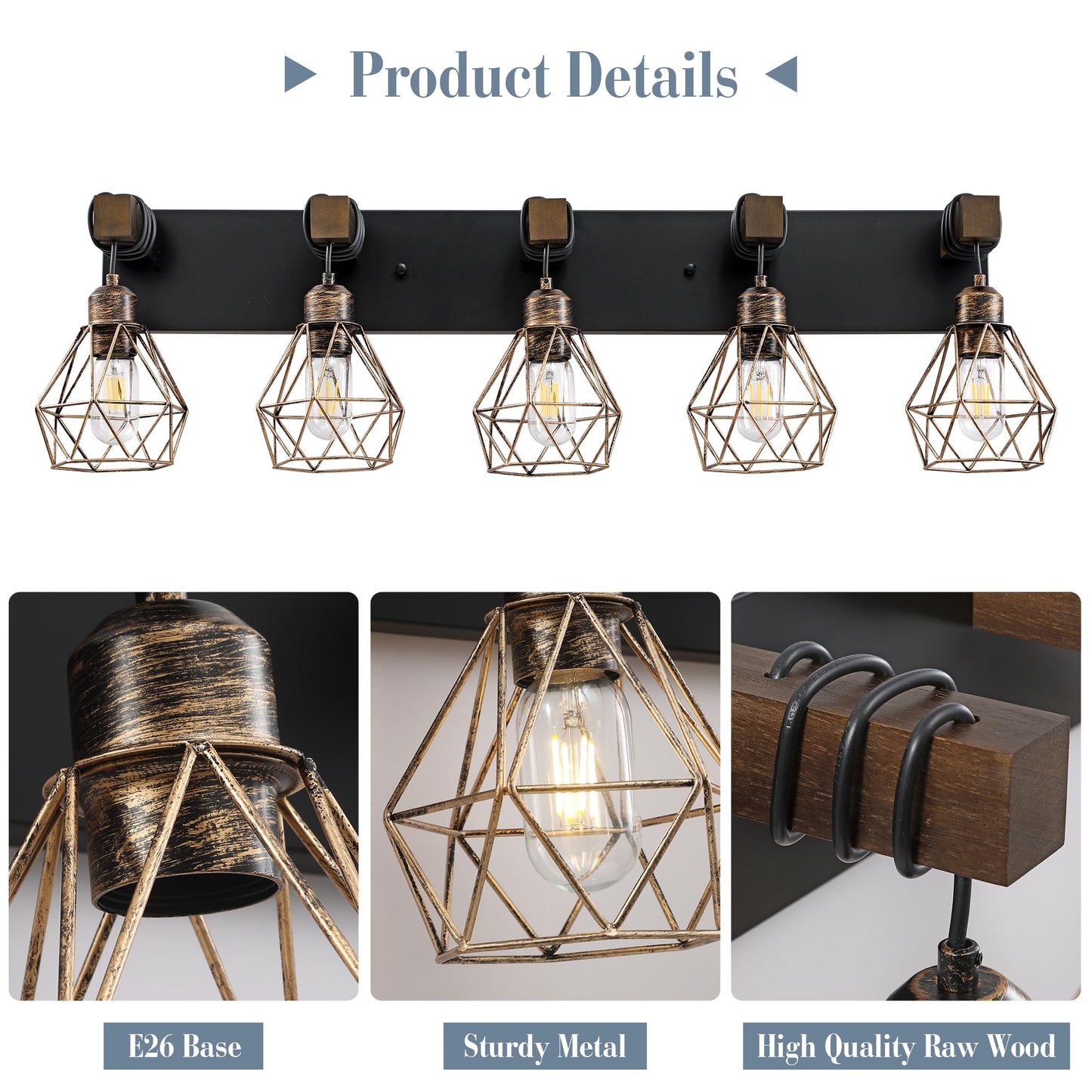 Farmhouse Vanity Light for Bathroom, 3-Light Wood Bathroom Vanity Light Fixtures Over Mirror, Rustic Sconces Wall Lighting with Metal Lampshade for Living Room, Bedroom, Hallway