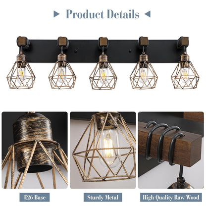 Farmhouse Vanity Light for Bathroom, 3-Light Wood Bathroom Vanity Light Fixtures Over Mirror, Rustic Sconces Wall Lighting with Metal Lampshade for Living Room, Bedroom, Hallway