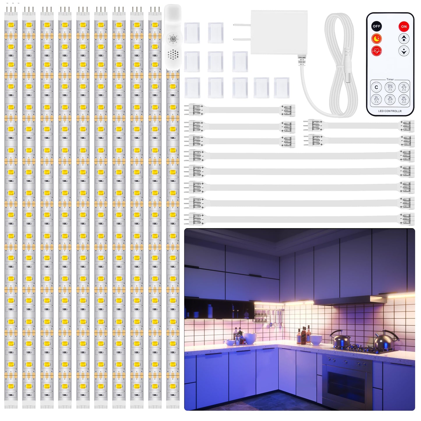 LAFULIT Under Cabinet Lighting Kit - 8 PCS, 2700K Warm White Flexible LED Strip Lights with Remote and Power Adapter for Kitchen Cabinets, Shelf, Desk, Counter - 13ft