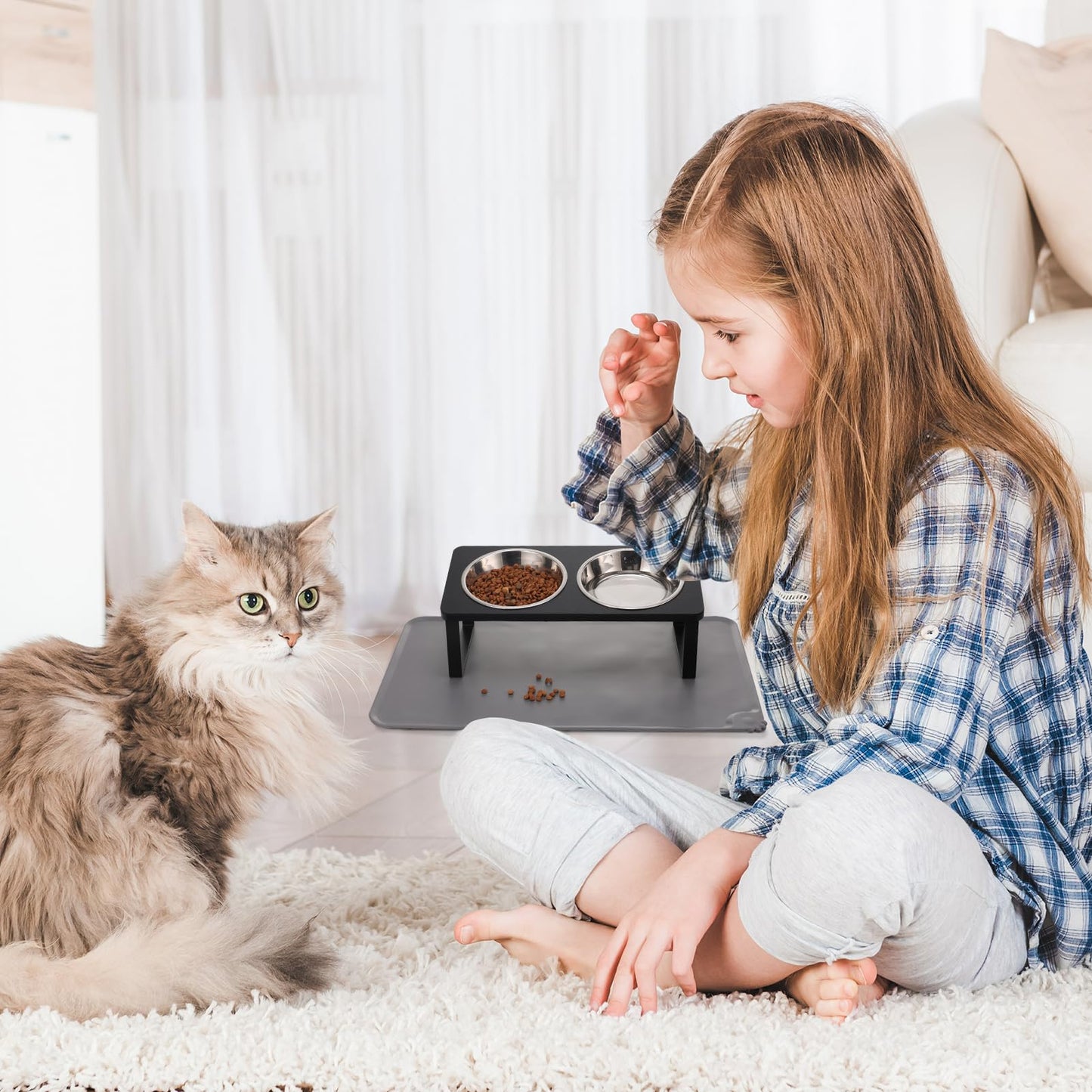 Upgraded Elevated Cat Bowls with Food Mat,15°Tilted Stand Anti Vomiting Raised Cat Dishes for Food and Water,2 Stainless Steel Bowls for Cats and Puppy