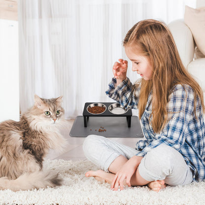 Upgraded Elevated Cat Bowls with Food Mat,15°Tilted Stand Anti Vomiting Raised Cat Dishes for Food and Water,2 Stainless Steel Bowls for Cats and Puppy