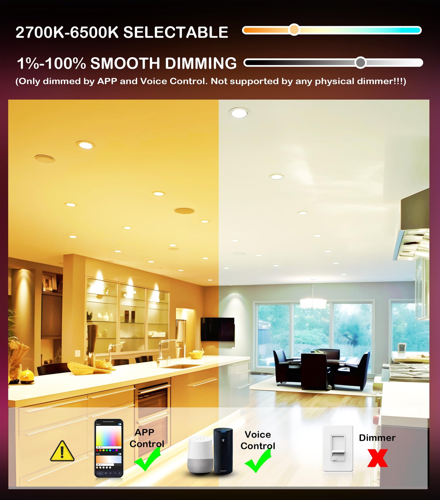 [6 Pack] CLOUDY BAY 4inch Smart WiFi LED Recessed Lights,RGBCW Color Changing Recessed Lighting,Compatible with Alexa and Google Home Assistant,10W 2700K-6500K,CRI90+ Wet Location,White Finish
