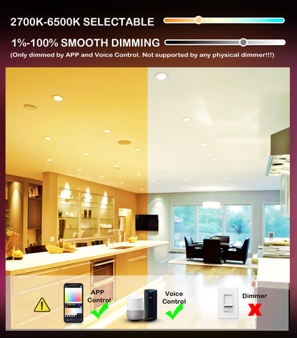 [6 Pack] CLOUDY BAY 4inch Smart WiFi LED Recessed Lights,RGBCW Color Changing Recessed Lighting,Compatible with Alexa and Google Home Assistant,10W 2700K-6500K,CRI90+ Wet Location,White Finish