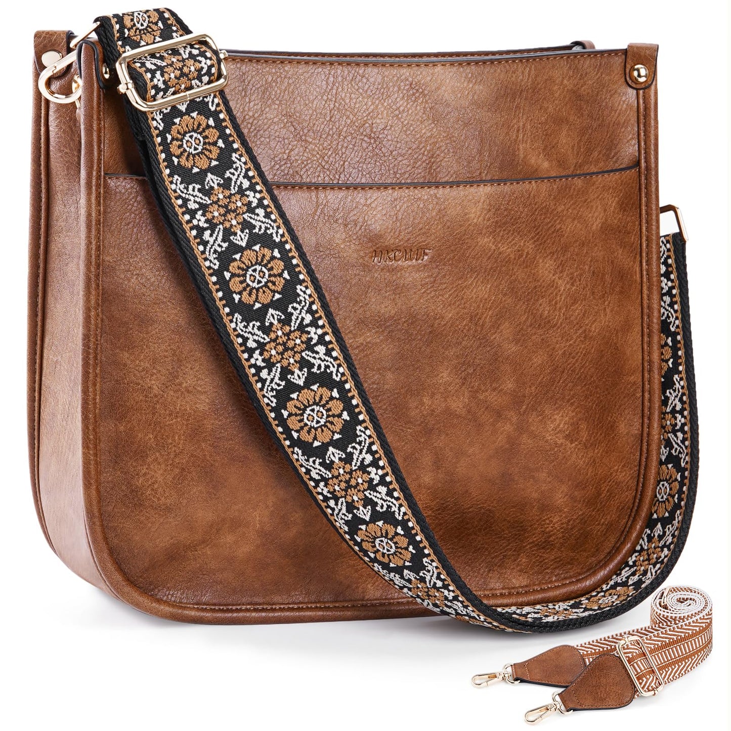HKCLUF Crossbody Bags for Women Trendy Vegan Leather Hobo Handbags With 2PCS Adjustable Guitar Strap Shoulder Bucket Bags
