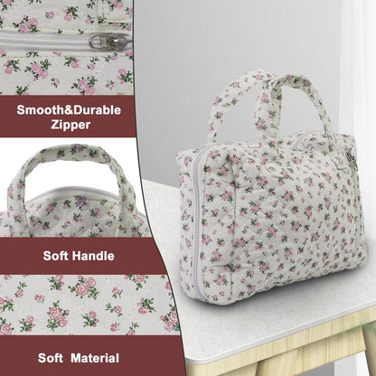 Cute Makeup Bag for Women(2 Pcs), Travel Cosmetic Bags, Quilted Coquette Aesthetic Floral Toiletry Organizer Bag (NavyBlue Flower)