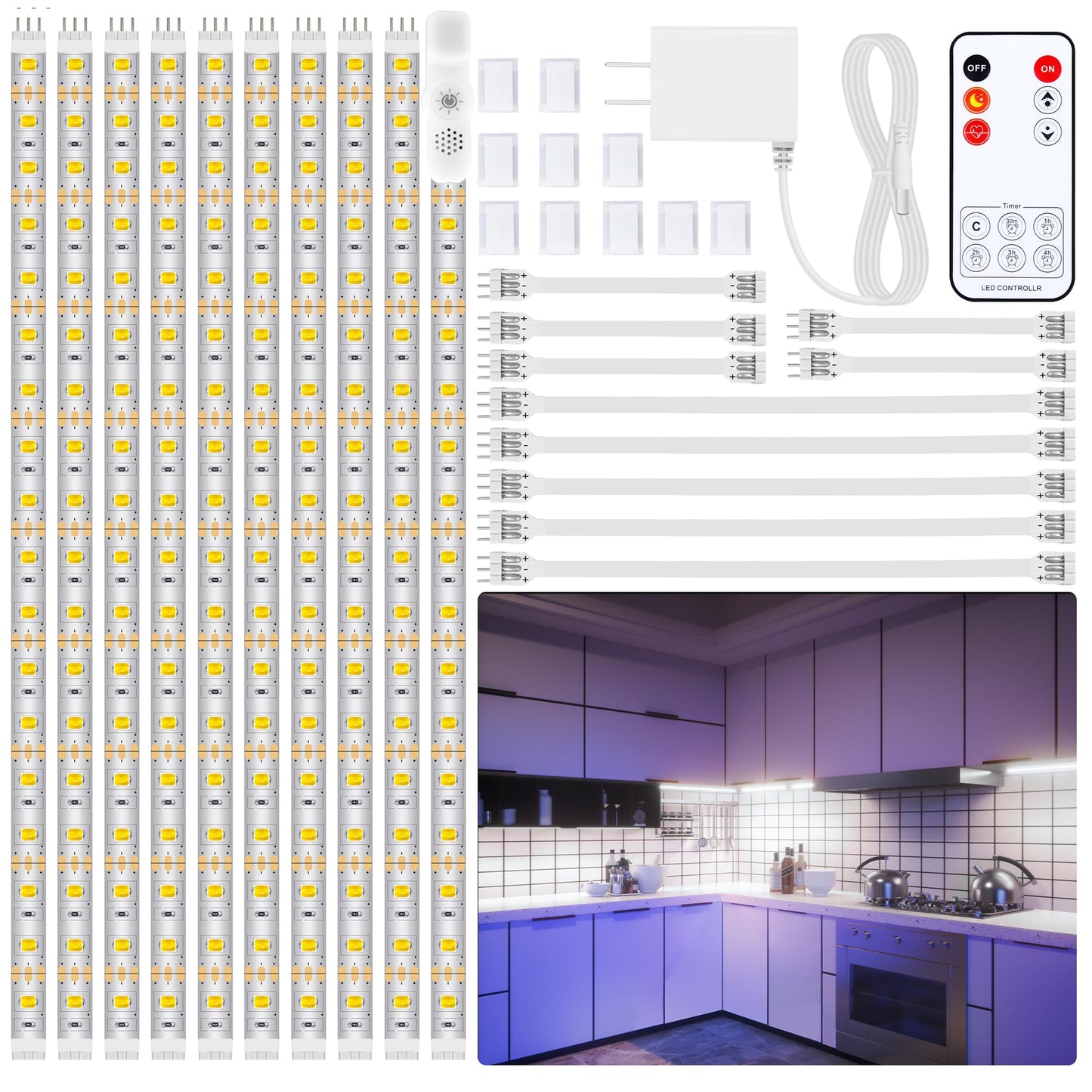 LAFULIT Under Cabinet Lighting Kit - 8 PCS, 2700K Warm White Flexible LED Strip Lights with Remote and Power Adapter for Kitchen Cabinets, Shelf, Desk, Counter - 13ft