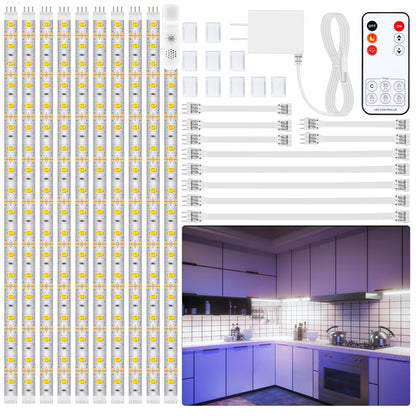 LAFULIT Under Cabinet Lighting Kit - 8 PCS, 2700K Warm White Flexible LED Strip Lights with Remote and Power Adapter for Kitchen Cabinets, Shelf, Desk, Counter - 13ft