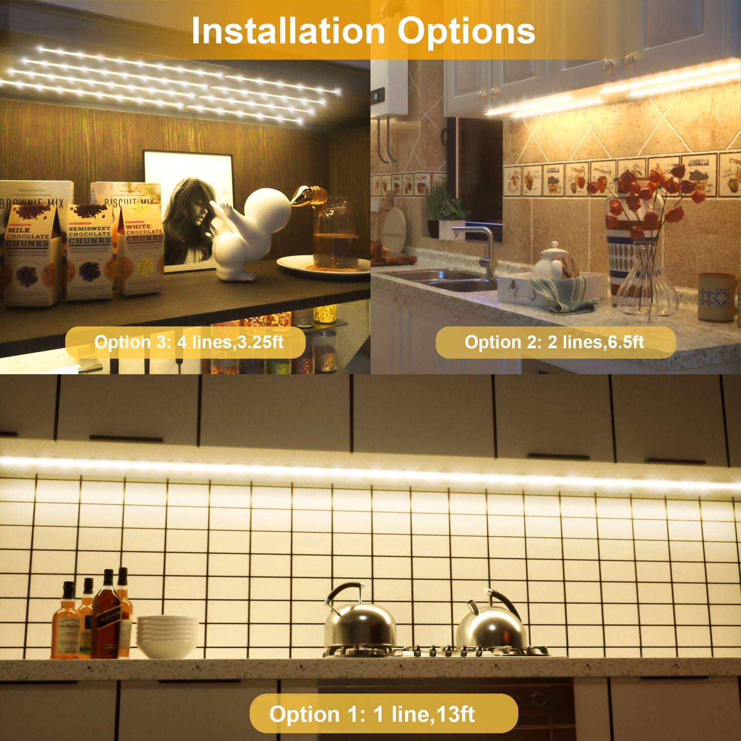 LAFULIT Under Cabinet Lighting Kit - 8 PCS, 2700K Warm White Flexible LED Strip Lights with Remote and Power Adapter for Kitchen Cabinets, Shelf, Desk, Counter - 13ft