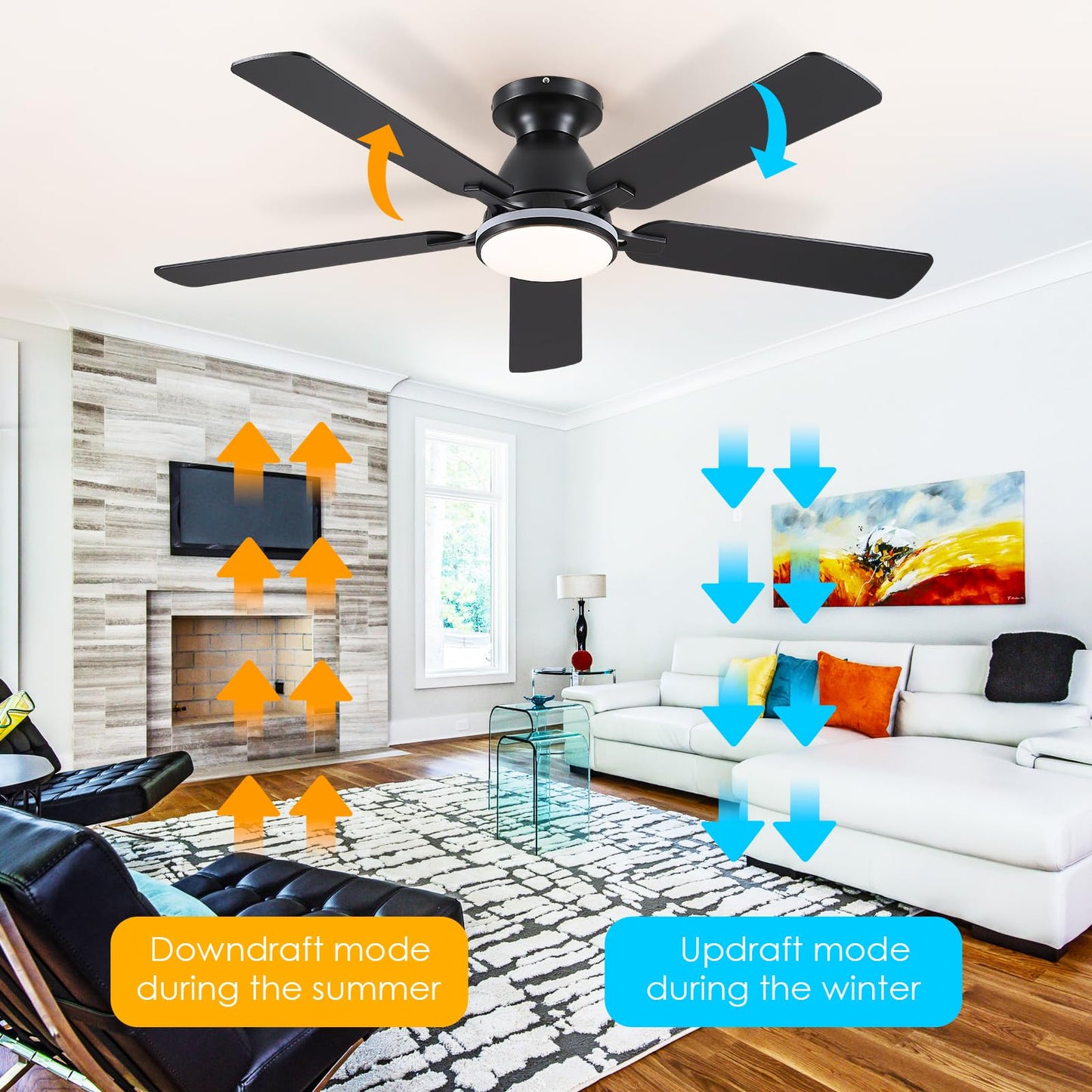 Ceiling Fans with Lights- 52" Low Profile Indoor Ceiling Fan with Light and Remote/APP Control, Flush Mount, LED Dimmable DC Reversible Modern Ceiling Fan for Bedroom（Black）