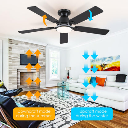 Ceiling Fans with Lights- 46" Low Profile Indoor Ceiling Fan with Light and Remote/APP Control, Flush Mount, LED Dimmable DC Reversible Modern Ceiling Fan for Bedroom（Black）