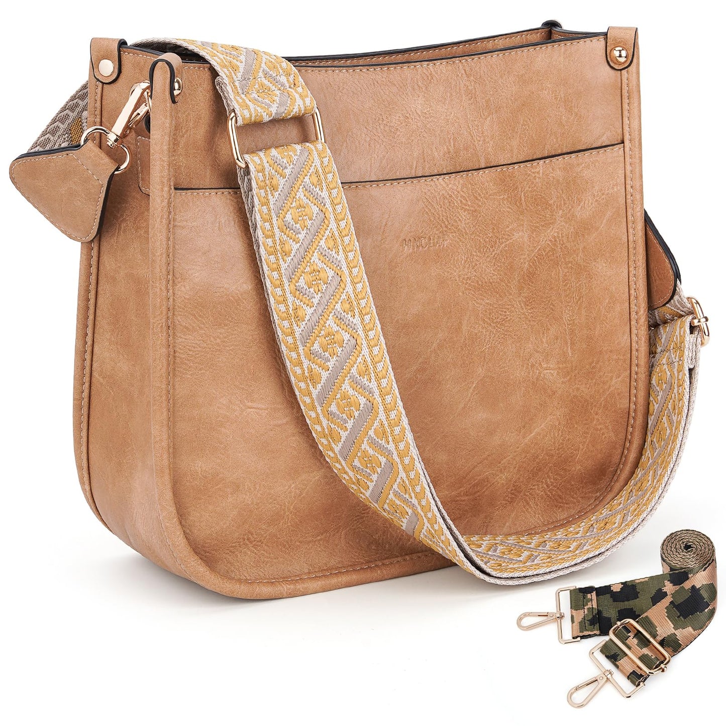 HKCLUF Crossbody Bags for Women Trendy Vegan Leather Hobo Handbags With 2PCS Adjustable Guitar Strap Shoulder Bucket Bags
