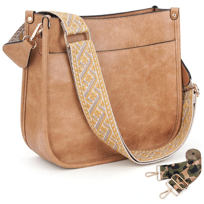 HKCLUF Crossbody Bags for Women Trendy Vegan Leather Hobo Handbags With 2PCS Adjustable Guitar Strap Shoulder Bucket Bags