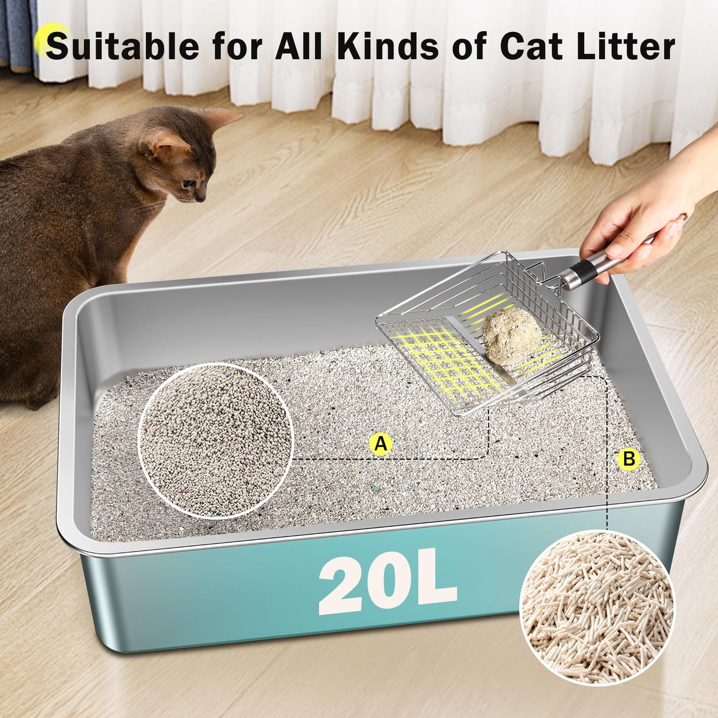 Stainless Steel Cat Litter Box, Extra Large Litter Boxes for Big Cats, Anti-Urine Leakage XL Litter Box with High Sides, Xlarge Metal Litter Box with Lid, Easy Clean, Non-Sticky, Cat Mat & Metal Scoop