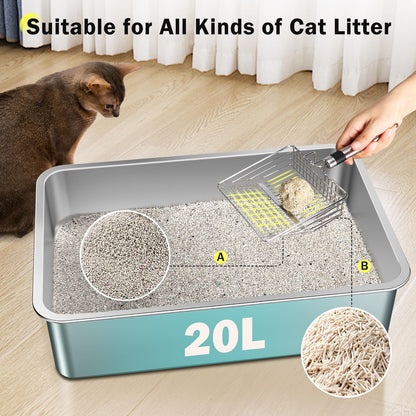 Stainless Steel Cat Litter Box, Extra Large Litter Boxes for Big Cats, Anti-Urine Leakage XL Litter Box with High Sides, Xlarge Metal Litter Box with Lid, Easy Clean, Non-Sticky, Cat Mat & Metal Scoop