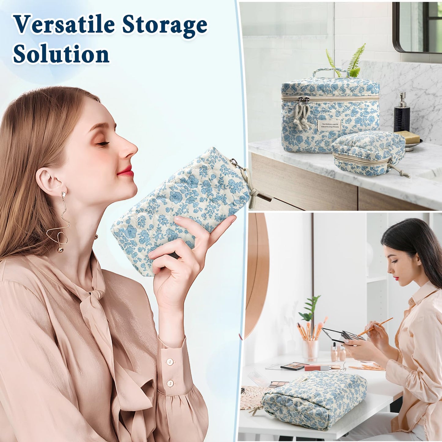 Cute Makeup Bag for Women(2 Pcs), Travel Cosmetic Bags, Quilted Coquette Aesthetic Floral Toiletry Organizer Bag (NavyBlue Flower)