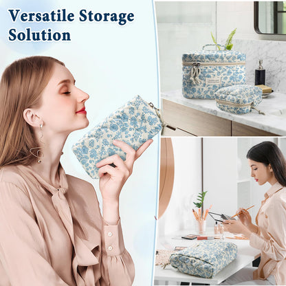 Cute Makeup Bag for Women(2 Pcs), Travel Cosmetic Bags, Quilted Coquette Aesthetic Floral Toiletry Organizer Bag (NavyBlue Flower)