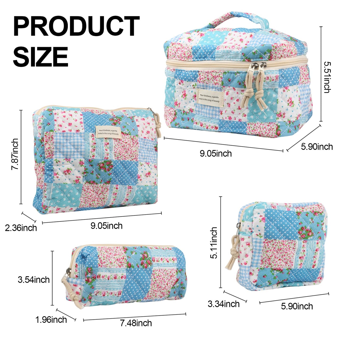 Cute Makeup Bag for Women(2 Pcs), Travel Cosmetic Bags, Quilted Coquette Aesthetic Floral Toiletry Organizer Bag (NavyBlue Flower)