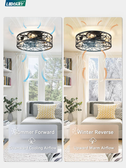 LEDIARY Caged Ceiling Fans with Lights, White Flush Mount Ceiling Fan with Remote, Small Low Profile Bladeless Ceiling Fan Light Fixture for Bedroom, Kitchen, Dining Room-White Gold Color