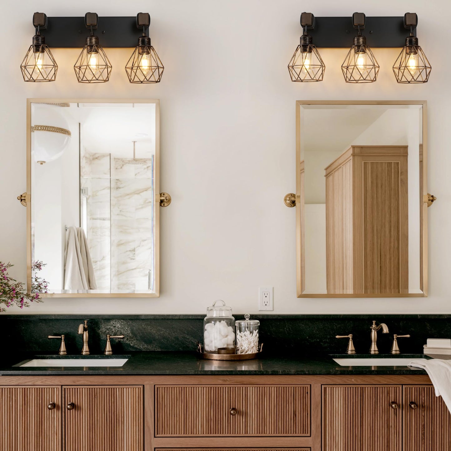 Farmhouse Vanity Light for Bathroom, 3-Light Wood Bathroom Vanity Light Fixtures Over Mirror, Rustic Sconces Wall Lighting with Metal Lampshade for Living Room, Bedroom, Hallway