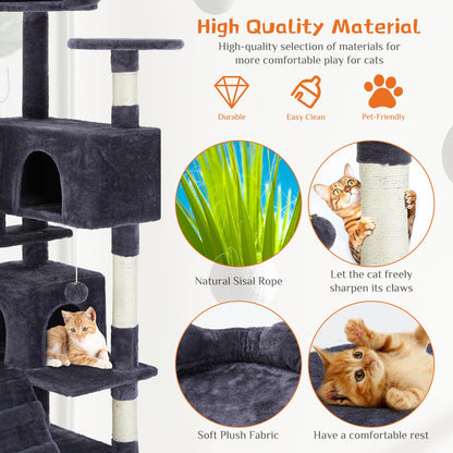 Sweetcrispy 54-Inch Cat Tree Tower – Multi-Level with Sisal Scratching Post, Perfect Pet Gift, Indoor Condo with Climbing Ladder, Plush Toy, and More Animal Stuff, Light Grey