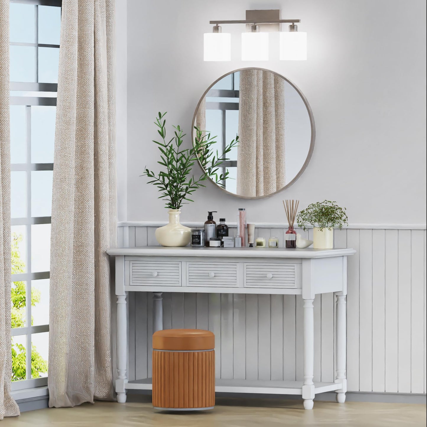 PARTPHONER Bathroom Light Fixtures, Bathroom Lighting Fixtures Over Mirror, Interior Classic Vanity Lights, Modern Bathroom Vanity Light with Textured White Glass Shade, Brushed Nickel, 3-Light