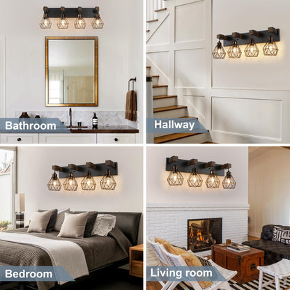 Farmhouse Vanity Light for Bathroom, 3-Light Wood Bathroom Vanity Light Fixtures Over Mirror, Rustic Sconces Wall Lighting with Metal Lampshade for Living Room, Bedroom, Hallway