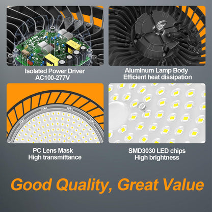 4Pack LED High Bay Light 200W 30000LM Commercial Lighting Products, 100-277V 6000K with Plug, Led Shop Lighting for Garage Barn Gyms Workshop Lighting