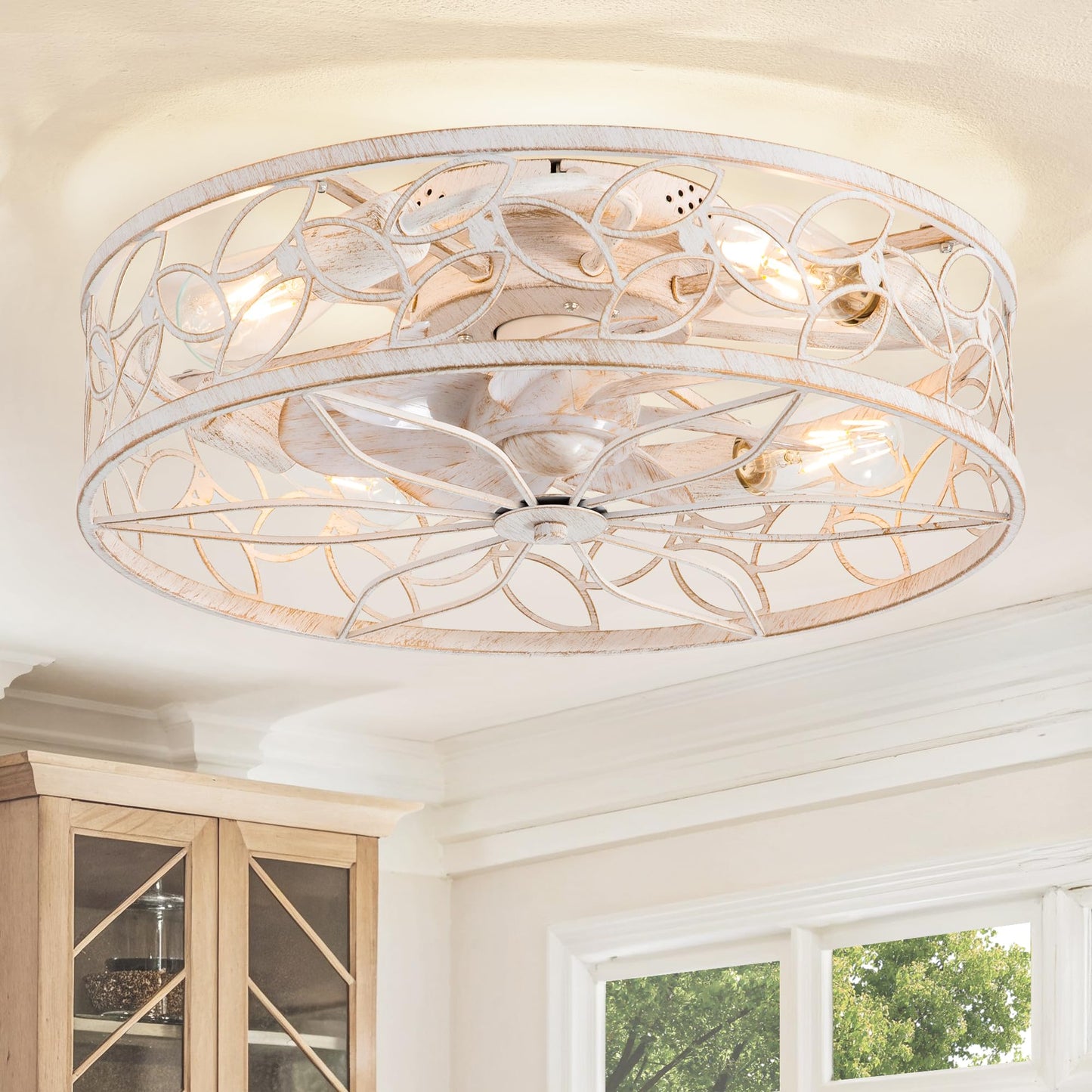 LEDIARY Caged Ceiling Fans with Lights, White Flush Mount Ceiling Fan with Remote, Small Low Profile Bladeless Ceiling Fan Light Fixture for Bedroom, Kitchen, Dining Room-White Gold Color