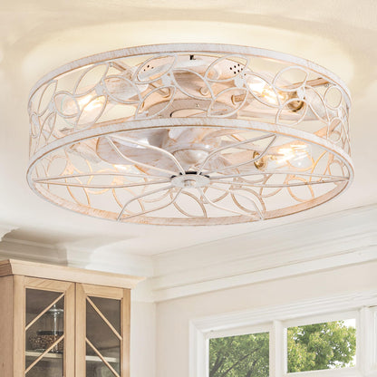 LEDIARY Caged Ceiling Fans with Lights, White Flush Mount Ceiling Fan with Remote, Small Low Profile Bladeless Ceiling Fan Light Fixture for Bedroom, Kitchen, Dining Room-White Gold Color