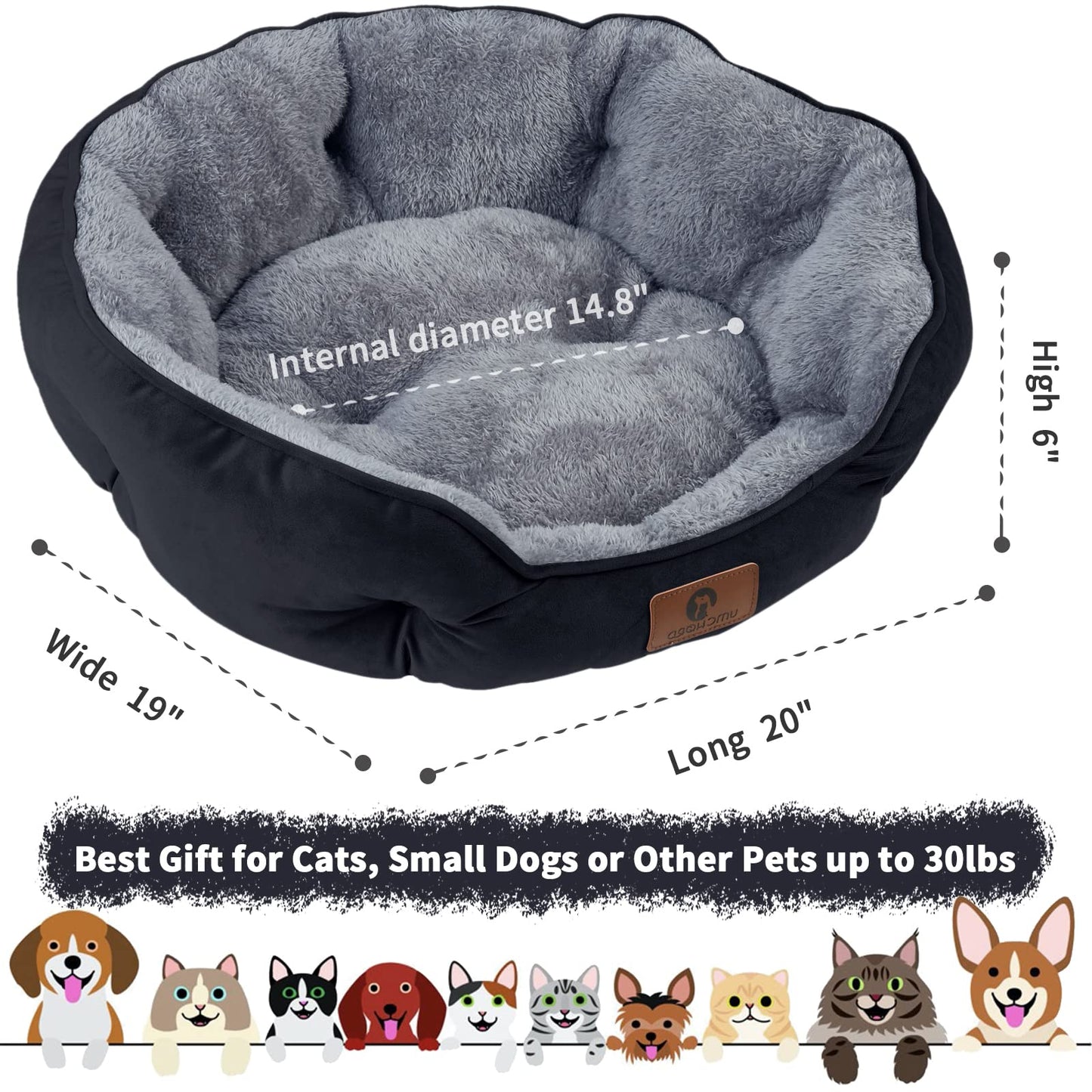 Asvin Small Dog Bed for Small Dogs, Cat Beds for Indoor Cats, Pet Bed for Puppy and Kitty, Extra Soft & Machine Washable with Anti-Slip & Water-Resistant Oxford Bottom, Grey, 20 inches