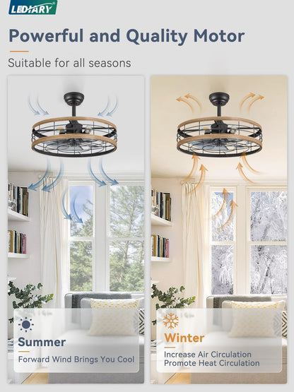 LEDIARY 16.5 inch Black Caged Ceiling Fan with Light, Fandelier Industrial Ceiling Fan with Remote, Farmhouse Fan Lights Ceiling Fixtures for Kitchen, Bedroom, Outdoor（6 Speed, Timing）-Black