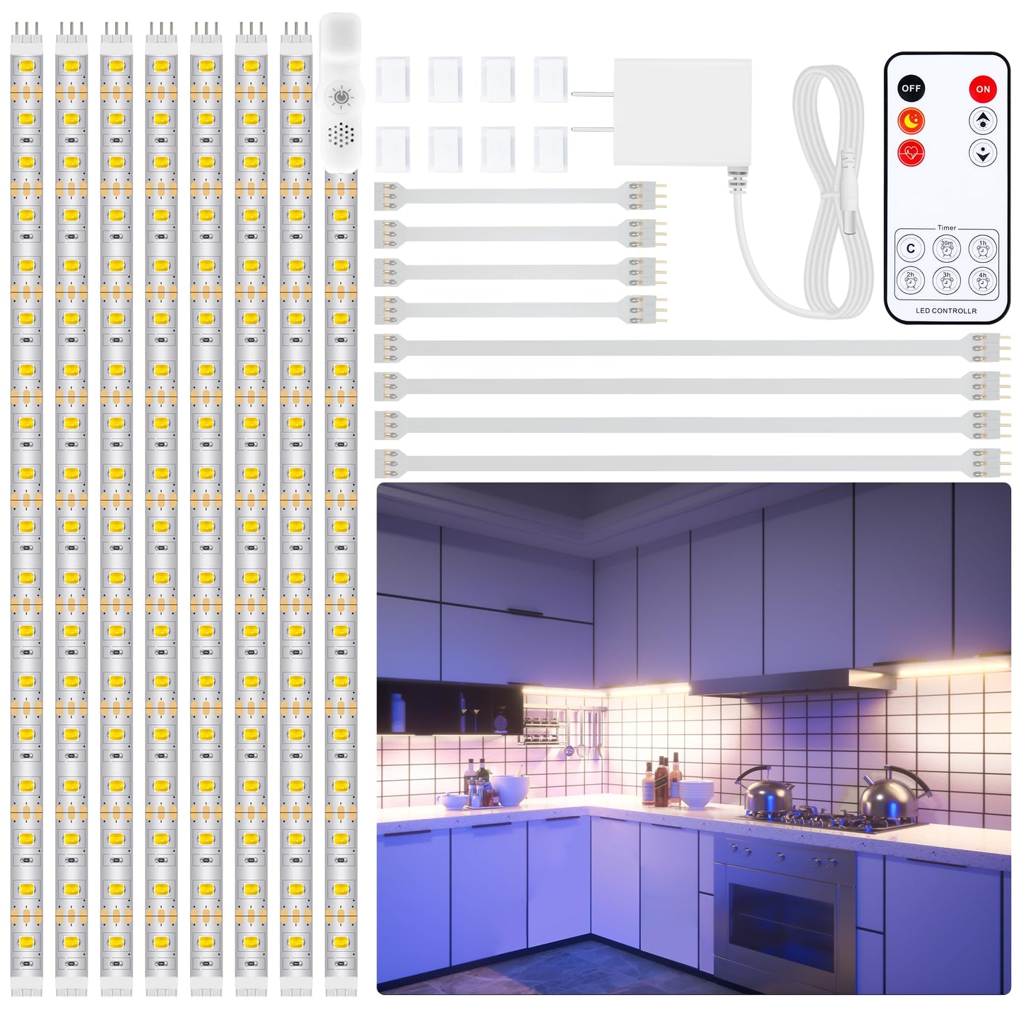 LAFULIT Under Cabinet Lighting Kit - 8 PCS, 2700K Warm White Flexible LED Strip Lights with Remote and Power Adapter for Kitchen Cabinets, Shelf, Desk, Counter - 13ft