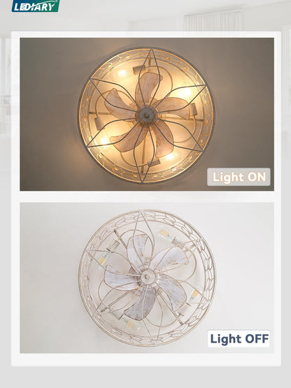 LEDIARY Caged Ceiling Fans with Lights, White Flush Mount Ceiling Fan with Remote, Small Low Profile Bladeless Ceiling Fan Light Fixture for Bedroom, Kitchen, Dining Room-White Gold Color