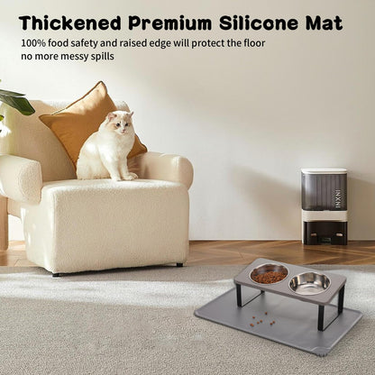 Upgraded Elevated Cat Bowls with Food Mat,15°Tilted Stand Anti Vomiting Raised Cat Dishes for Food and Water,2 Stainless Steel Bowls for Cats and Puppy