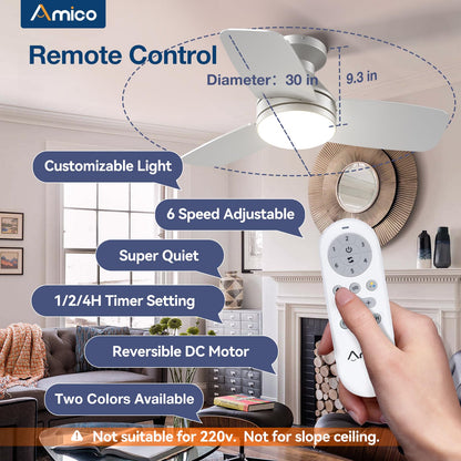 Amico Ceiling Fans with Lights, 42 inch Low Profile Ceiling Fan with Light and Remote Control, Flush Mount, Reversible, 3CCT, Dimmable, Noiseless, White Ceiling Fan for Bedroom, Indoor/Outdoor Use