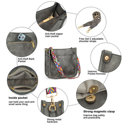 HKCLUF Crossbody Bags for Women Trendy Vegan Leather Hobo Handbags With 2PCS Adjustable Guitar Strap Shoulder Bucket Bags