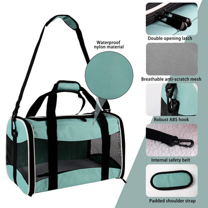 Cat Carrying Case Pet Dog Carrier Soft-Sided Cat Bag Airline Approved, Pet Travel Carrier Up to 15 Lbs, Collapsible Cat Carrier Dog Carrier for Medium Cats Small Cats Dogs(17x11x11 Green)