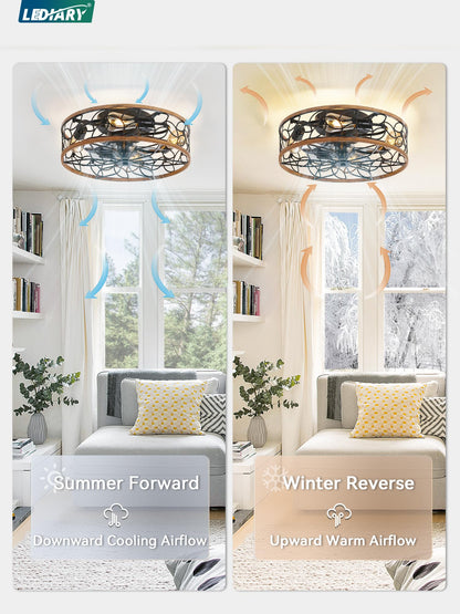 LEDIARY Caged Ceiling Fans with Lights, White Flush Mount Ceiling Fan with Remote, Small Low Profile Bladeless Ceiling Fan Light Fixture for Bedroom, Kitchen, Dining Room-White Gold Color