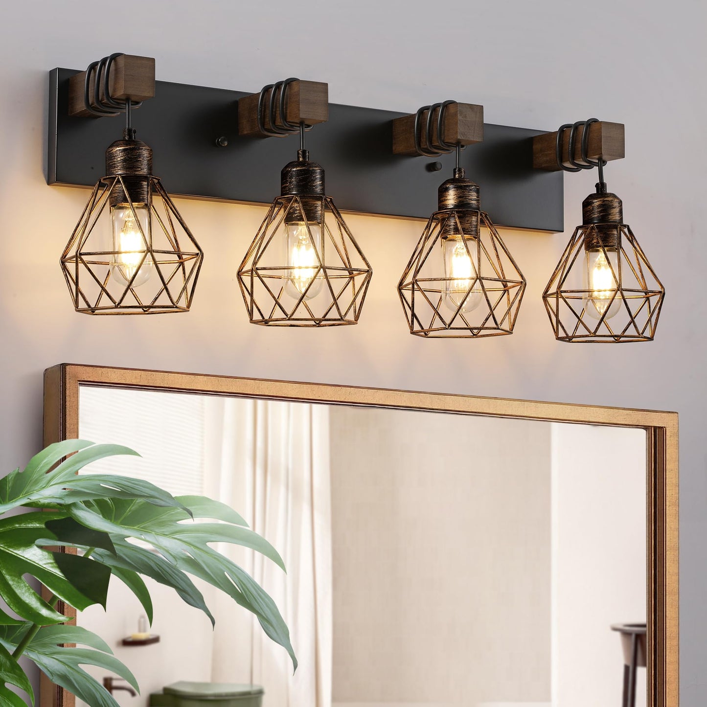 Farmhouse Vanity Light for Bathroom, 3-Light Wood Bathroom Vanity Light Fixtures Over Mirror, Rustic Sconces Wall Lighting with Metal Lampshade for Living Room, Bedroom, Hallway