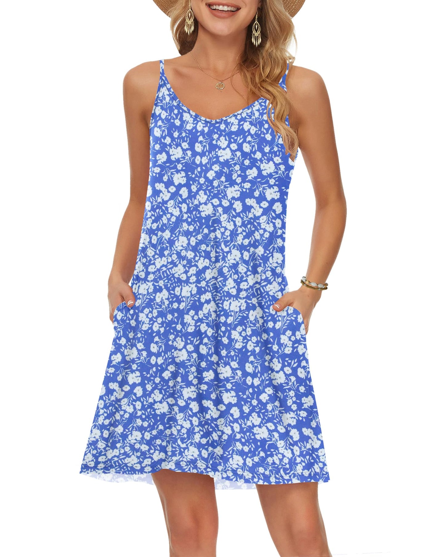 MISFAY Women's Summer Spaghetti Strap Casual Swing Tank Beach Cover Up Dress with Pockets