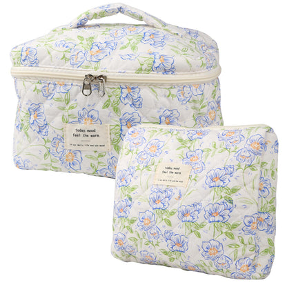 Cute Makeup Bag for Women(2 Pcs), Travel Cosmetic Bags, Quilted Coquette Aesthetic Floral Toiletry Organizer Bag (NavyBlue Flower)