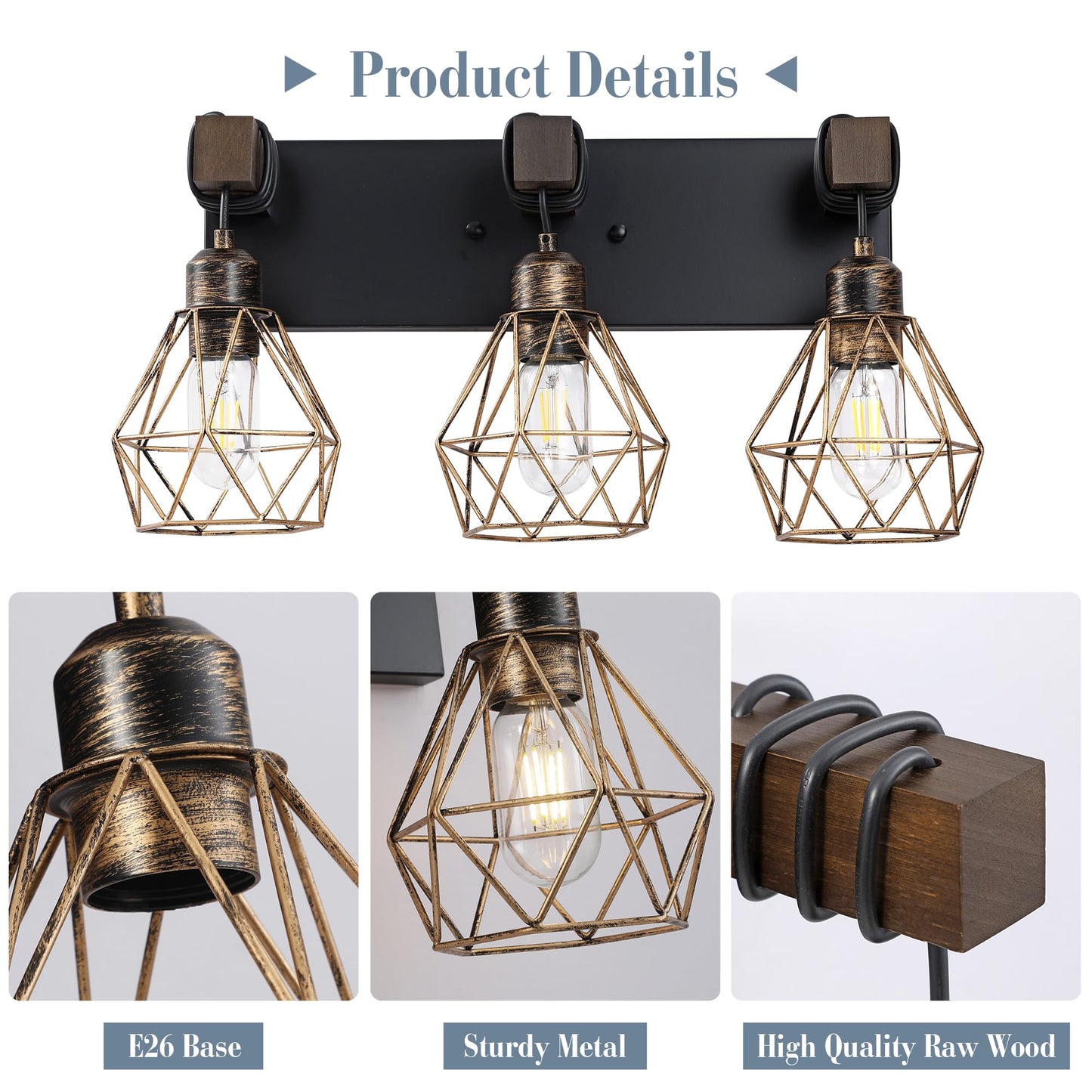 Farmhouse Vanity Light for Bathroom, 3-Light Wood Bathroom Vanity Light Fixtures Over Mirror, Rustic Sconces Wall Lighting with Metal Lampshade for Living Room, Bedroom, Hallway