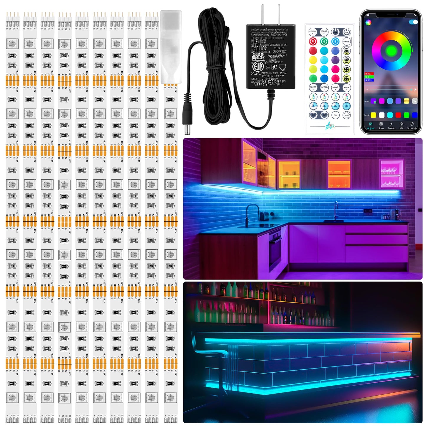 LAFULIT Under Cabinet Lighting Kit - 8 PCS, 2700K Warm White Flexible LED Strip Lights with Remote and Power Adapter for Kitchen Cabinets, Shelf, Desk, Counter - 13ft