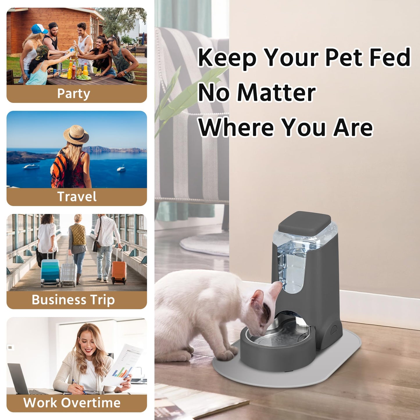 2 Pack Automatic Cat Feeder and Stainless Steel Water Dispenser, Gravity Dog Waterer Set Food Feeder and Waterer Set for Small Medium Kitten Puppy Pets(1 Gallon x 2, Charcoal Gray)