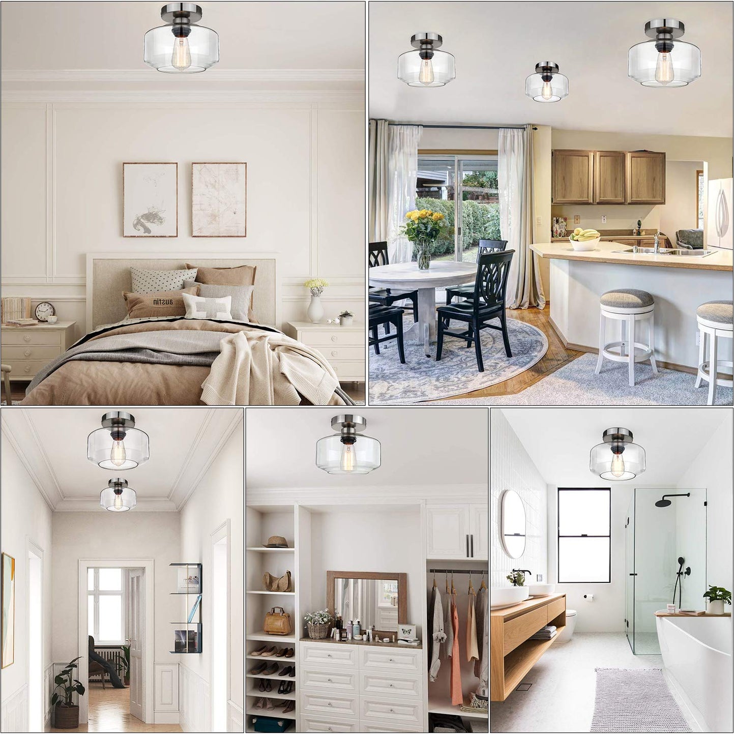 MAXvolador Industrial Semi Flush Mount Ceiling Light, Clear Glass Pendant Lamp Shade, Farmhouse Lighting for Hallway, Vintage Hanging Light Fixtures