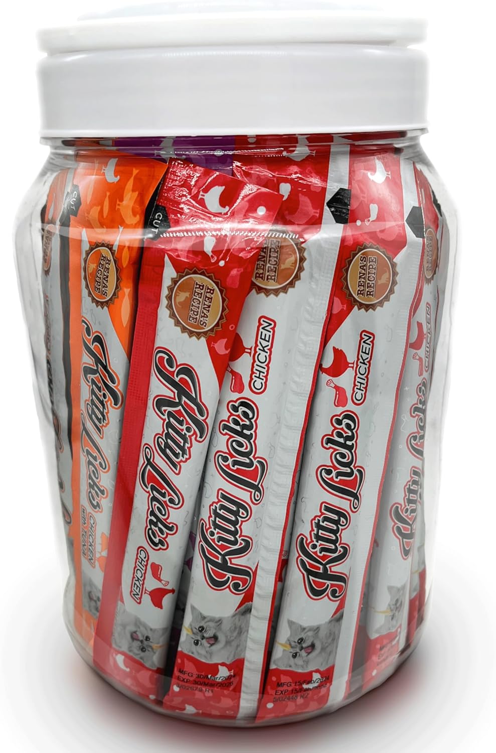 Rena's Recipe Kitty Licks Chicken Barrel (60 Tubes) 3 flavorsX20 Tubes Cream Lickable Cat Treats