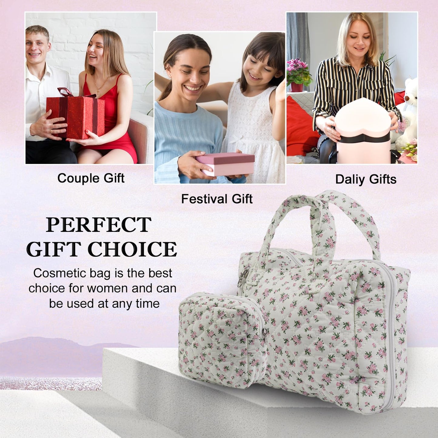 Cute Makeup Bag for Women(2 Pcs), Travel Cosmetic Bags, Quilted Coquette Aesthetic Floral Toiletry Organizer Bag (NavyBlue Flower)