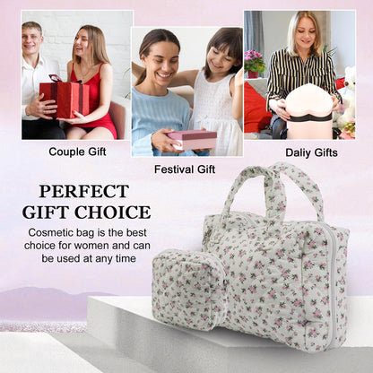 Cute Makeup Bag for Women(2 Pcs), Travel Cosmetic Bags, Quilted Coquette Aesthetic Floral Toiletry Organizer Bag (NavyBlue Flower)