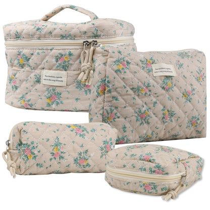 Cute Makeup Bag for Women(2 Pcs), Travel Cosmetic Bags, Quilted Coquette Aesthetic Floral Toiletry Organizer Bag (NavyBlue Flower)
